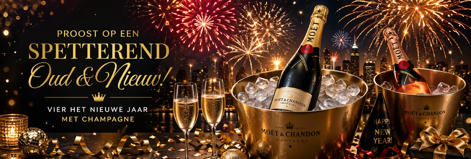 Champagne in ijsemmers met vuurwerk tijdens oud en nieuw viering