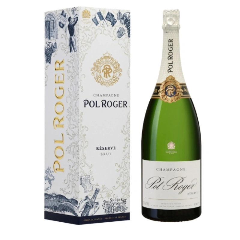 Pol Roger Brut Réserve Magnum champagne met feestelijke limited edition geschenkverpakking van het champagnehuis Pol Roger