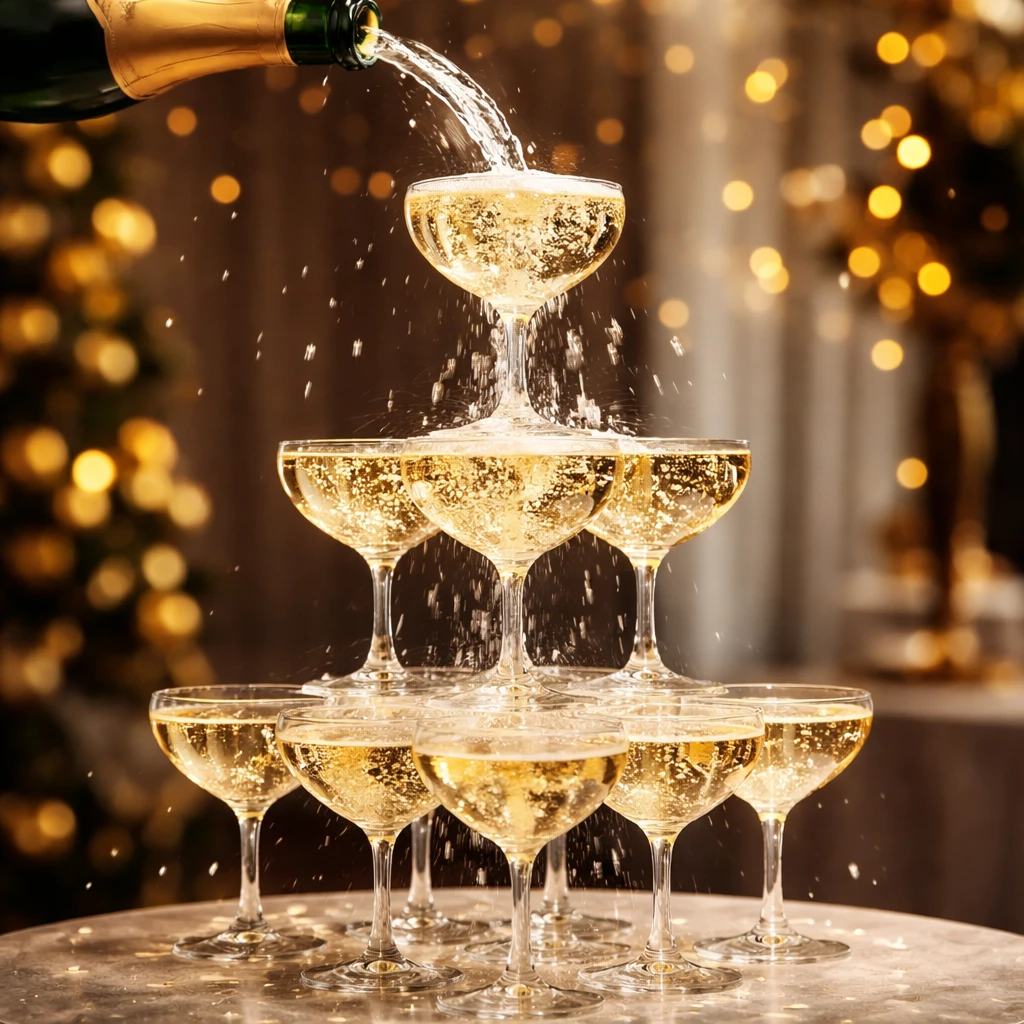 Champagnetoren met gevulde glazen terwijl champagne wordt ingeschonken