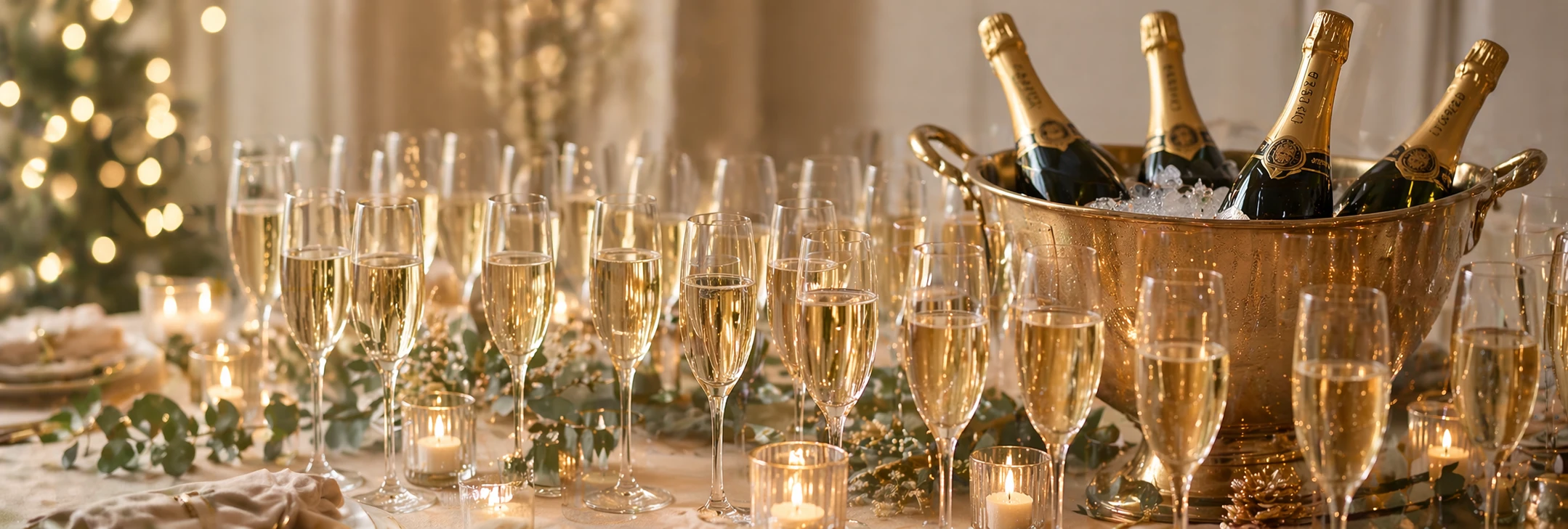 Feestelijke tafel met champagneglazen en flessen in koeler tijdens een nieuwjaarsreceptie