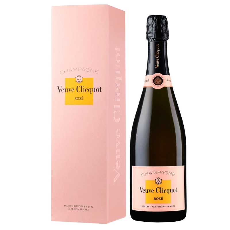Fles Veuve Clicquot Rosé champagne met roze geschenkdoos