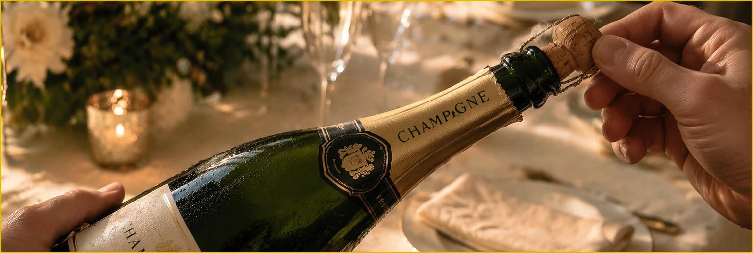 Champagnefles openen terwijl de kurk voorzichtig wordt vastgehouden