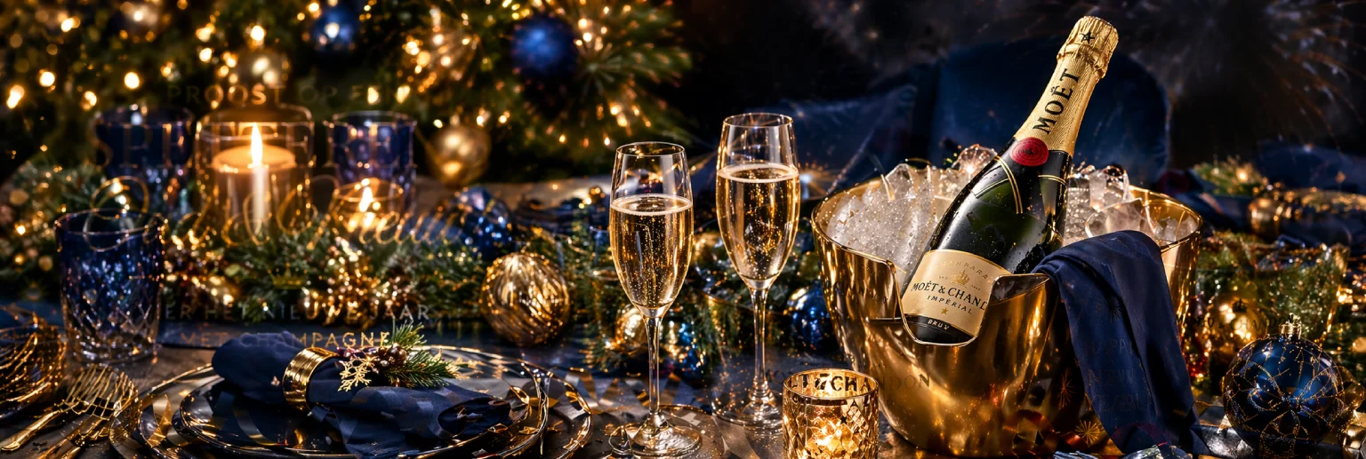 Feestelijk gedekte tafel met champagne, glazen en kerstdecoratie