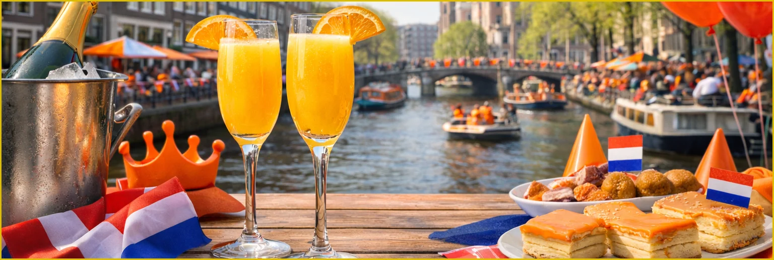Mimosa cocktails op feestelijke tafel tijdens Koningsdag in Amsterdam