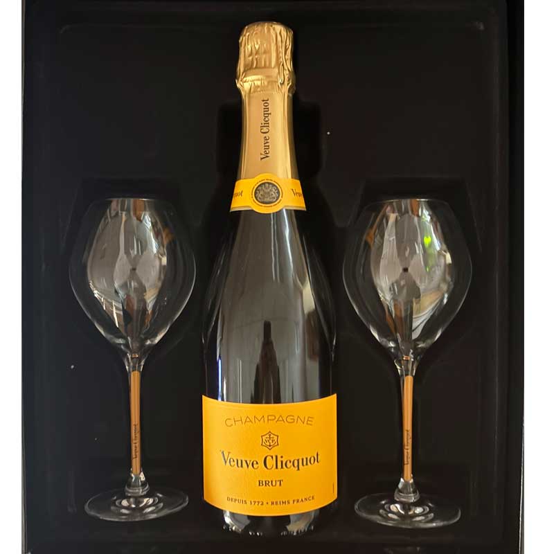 Veuve Clicquot Brut 75CL in Luxe Geschenkbox met 2 originele Veuve Clicquot champagneglazen