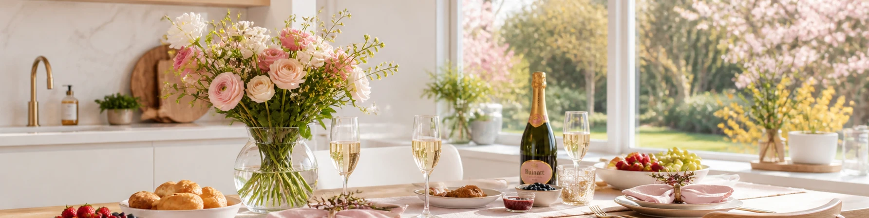 Gedekte tafel met boeket bloemen, champagne en glazen bij een raam met uitzicht op een tuin