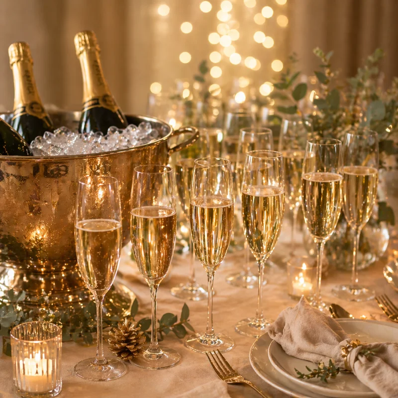 Champagneglazen en gekoelde flessen op een feestelijke tafel tijdens een nieuwjaarsreceptie