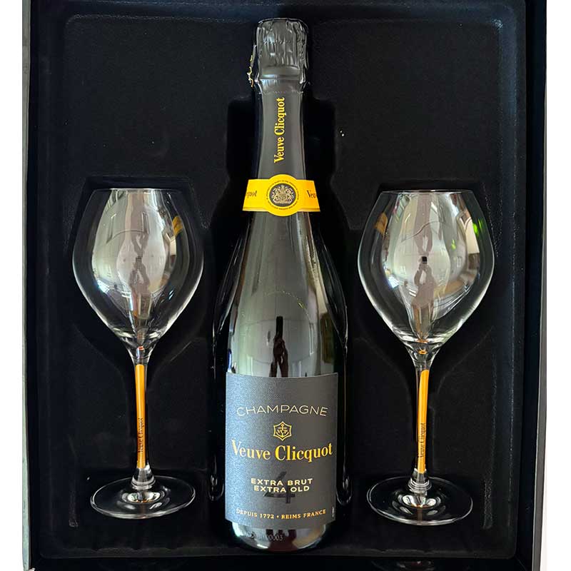 Veuve Clicquot extra dry Extra Old 75CL in Luxe Geschenkbox met 2 originele Veuve champagneglazen  