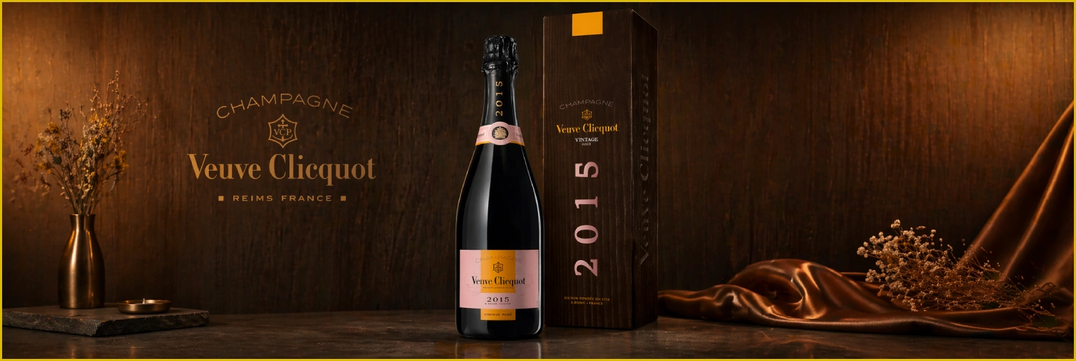 Veuve Clicquot Vintage Rosé 2015 met geschenkdoos op luxe donkere achtergrond