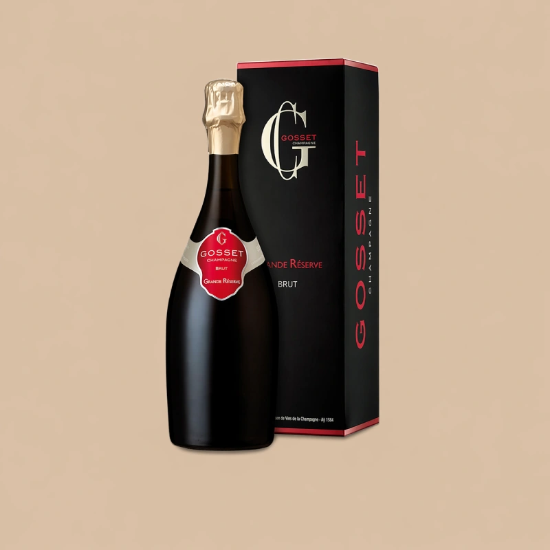 Fles Gosset Grande Réserve Brut champagne met zwarte geschenkdoos