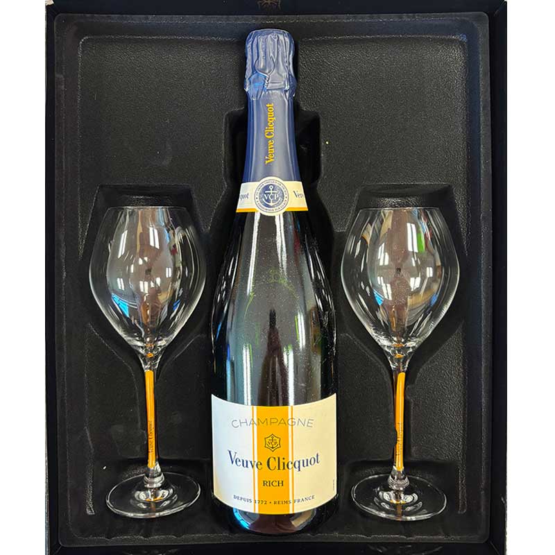 Veuve Clicquot Rich 75CL in Luxe Geschenkbox met 2 originele Veuve champagneglazen 