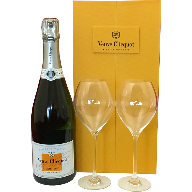 Veuve Clicquot Demi-Sec 75 CL in luxe Geschenkbox met 2 champagneglazen detailfoto Veuve Clicquot Demi-Sec 75 CL Luxe geschenkbox met glazen